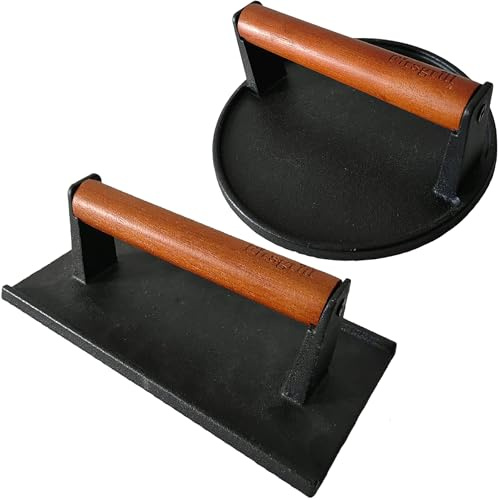 Firsgrill Burger Press 7.08 Round & 8.3”X4.3”Rectangle Heavy-Duty Cast Iron Smash Meat Steak With Wood Handle for Blackstone Camp chef Pitboss Weber Treager Griddle Grills (Round & Rectangle)