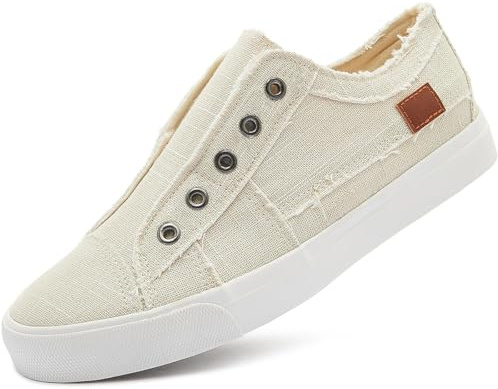 Women's Slip on Shoes Non Slip Fashion Canvas Sneakers Low Top Casual Shoes(Beige,US8.5)
