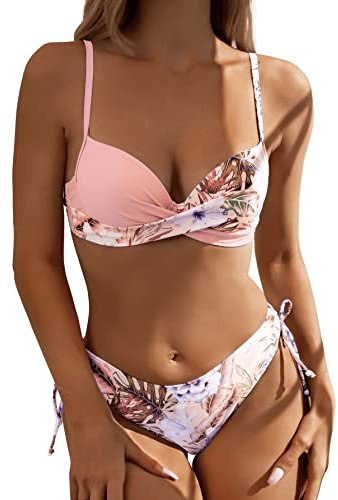 GORGLITTER Bikini Damen Push Up Bikini Mit Bügel Set Badeanzug Mit Tropenmuster Wickel Bikini Set Zweiteiler Badeanzug Bademode Rosa M