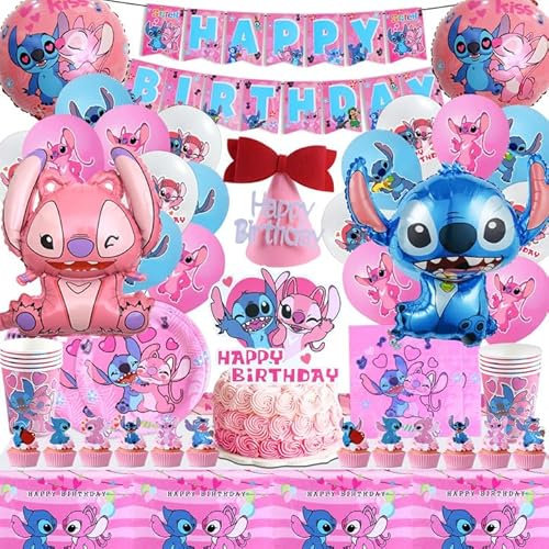 93 Stück Stitc Geburtstagsdeko Set, Stitc Geburtstag Luftballons, Stitc Partygeschirr, Stitc Luftballons Set, Stitc Geburtstag Tischdecke, Stitc Party Deko Set