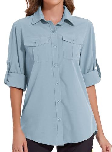 Tuopuda Blusa de Manga Larga para Mujer con Cuello en V Suelta Camisa de Secado Rápido con Bolsillos,UPF 50+Protección UV Informal Top Deportivo para Safari,Camping,Viajes(Azul,L)