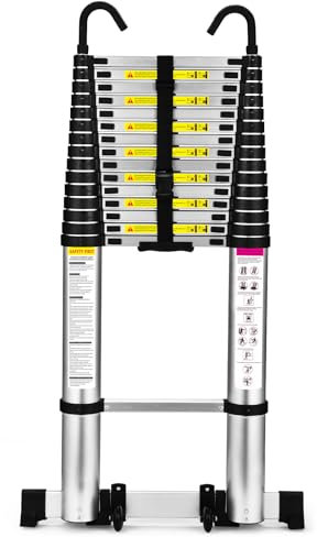 Escalera telescópica de 6.3 m con Ganchos y pies Antideslizantes, Escalera Plegable de Aluminio Ligero para altillos, Casas rodantes, Exteriores e Interiores, Capacidad de Carga de 150kg.Argentato