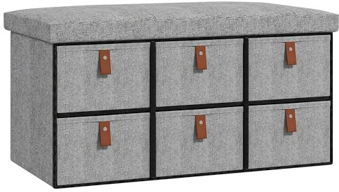 HOMCOM Shoe Bench with Seat, Shoe Storage Bench with Cushion and 6 Fabric Drawers for Entryway, Hallway, Living Room, Bedroom, Light Grey