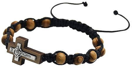 HENANX Holzperlen-Armbänder, Kreuz, katholischer Rosenkranz, Armbänder für Männer und Frauen, verstellbares Armband, religiöser Schmuck, Bead Diameter: approx.8mm, Holz