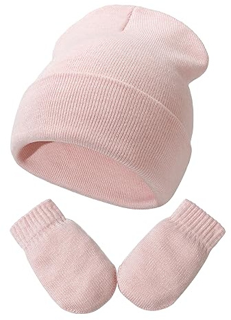 DRESHOW Ensemble Bonnet Beanie et Moufles D'hiver Set pour Bébés et Enfants Ensemble Chapeau et Gants Tricotés Chauds pour 3 Mois - 24 Mois Filles et Garçons