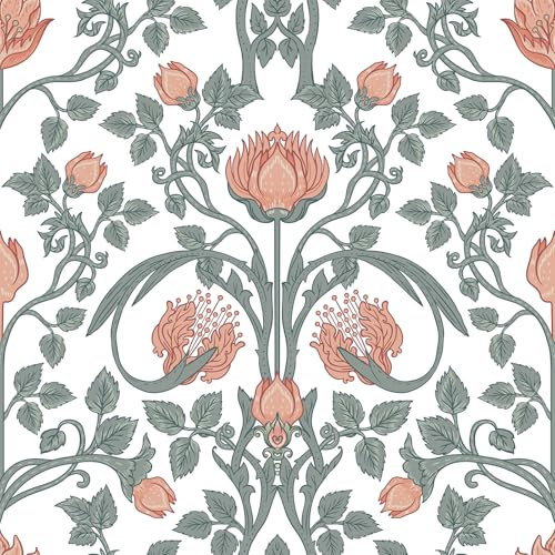 VEELIKE Pfirsich Blumentapete Vintage Selbstklebende Tapete Blumen William Morris Mustertapete 44.5cm x 300cm Klebefolie Blumen Rosa Fototapete Schlafzimmer Möbelfolie Badezimmer Jugendstil Abnehmbar