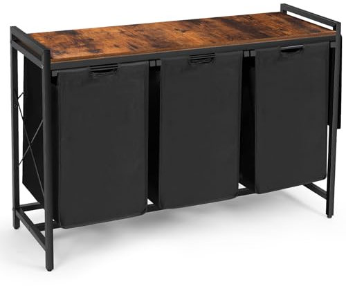 TESSTINA Wäschekorb 3 Fächer, Wäschesammler mit Ablage, Gesamtkapazität 3 x 50 L, Wäschesack aus Oxford-Gewebe ausziehbar abnehmbar, Wäschebox mit Seitentaschen und X-Form Halterung