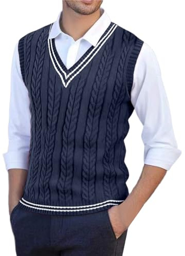 Duohropke Men's V-Neck Knitted Vest Gilets Leisure Business Wool Vest Slim Fit Cable Knit Pullover Argyle Sweater Vest Chunky Knit Sweater Knitted Tank Top, dark blue, L