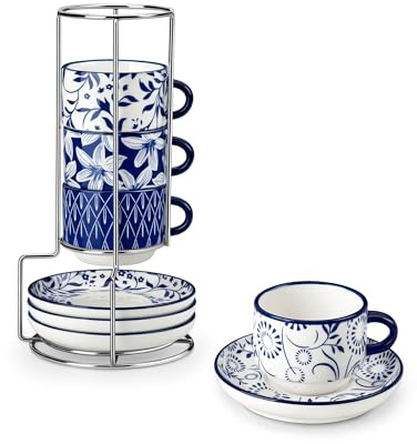 vancasso 2.5OZ Espresso Cups Set of 4, Porcelain Stackable Cappuccino Cups, Demitasse Coffee Cups and Saucers Set with Metal Stand for Specialty Drinks, Series SELENE (Vintage Blue, 2.5 Ounce)