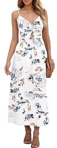AUSELILY Beach Summer Dresses for Women UK Maxi Boho Floral Wrap V Neck Sleeveless Casual Long Dresses with Pockets White Flowers M