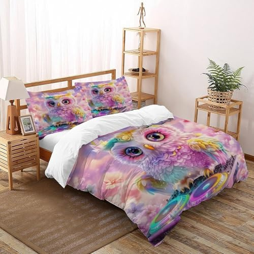 XIKMLSID attrezzature DJ gufo 3 Pezzi Set Di Biancheria Da Letto Per Bambini,Dolce E Confortevole,animali carini Disegno 3D,cotone,Adatto Per Adulti E Bambini King（220x240cm）