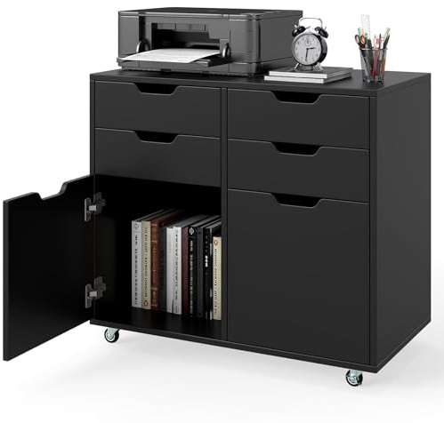 COSTWAY Rollcontainer mit 4 Schubladen & 2 Türen, Aktenschrank mit Rollen, Druckerständer, Büroschrank für Dokumente in DIN A4-, Letter-Format, Legal-Format (Schwarz)