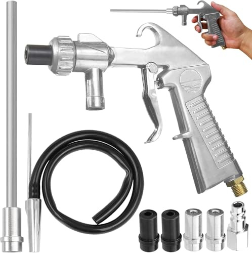 Pistola per sabbiatura, set di aria compressa, ugello lungo per sabbiatura e ugelli in metallo di calibro 5 mm/6 mm, con alimentazione a sifone, ugello, sgrassante e abrasivo, adatta per sabbiatrici