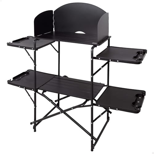 AKTIVE Folding Camping Cabinet, Black, 130 x 48 x 118 cm, Steel Frame, Supports 30 kg, Transport Bag, Portable Folding Table, Furniture Camper Van (63175)