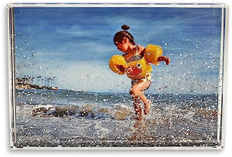 Glitter Photo Frame, Acrylic Picture Frame holds 10 x 15 cm (4 x 6 inch) Clear Frameless Desktop Photo Block with Glitter (Silver) - Ideal Personalised Gifts, Wedding Day Presents or Home Décor