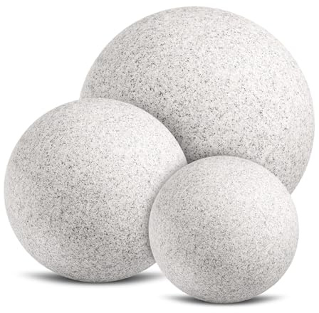 trendlights24 Stone IP65 Kugelleuchte für Garten - 3er Set 20+30+40 cm Kugel Außenleuchte Naturstein Optik - für E27 230V - winterfest - Erdspieße