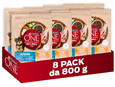 PURINA ONE Mini Small Junior Crocchette per cani cuccioli di piccola taglia con Pollo e Riso 8 Sacchi da 800g