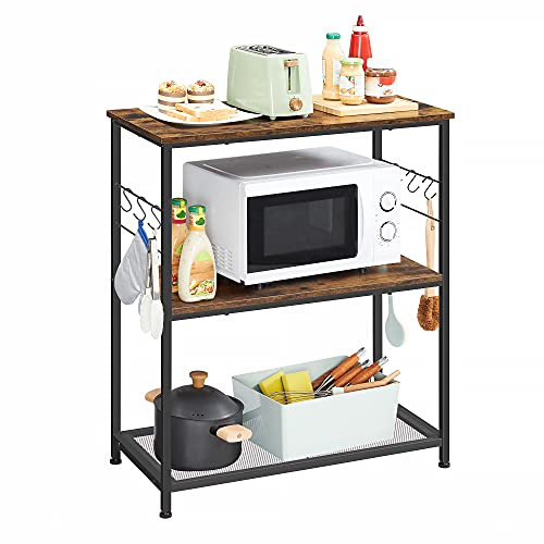 VASAGLE Kitchen Island-hylla, Baker's Rack, Mikrovågsugnsstativ, med metallram, 3 öppna hyllor, 6 krokar, 80 x 40 x 90 cm, industriell, rustik brun och svart KKI002B01