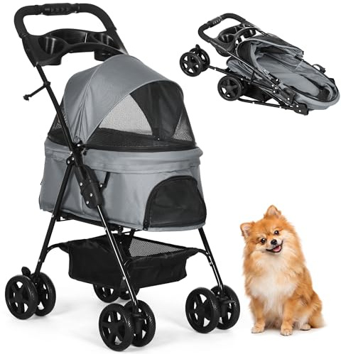 PawHut Passeggino per Cani Piccoli Pieghevole, Passeggino Leggero per Animali con Ruote Girevoli, Guinzaglio di Sicurezza e Cestino Portaoggetti, 67x45x96cm, Grigio