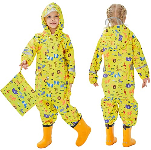 Fewlby Tuta Impermeabile Bambini Tuta Pioggia Bambina Antipioggia con Cappuccio Poncho Impermeabile Ragazze Ragazzi Giacche da Pioggia con Cappello Trasparente per 5-7 Anni