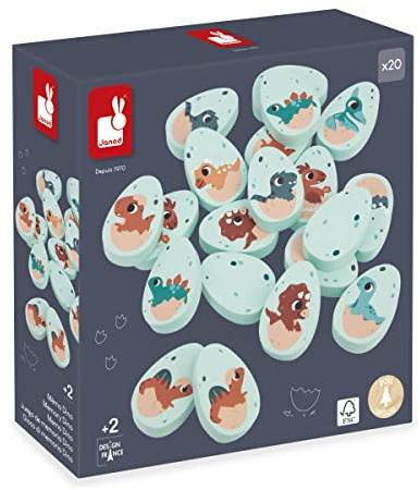 Janod - Gioco di Memoria Dinosauri - 20 Pezzi in Legno a Forma di Uova di Dinosauro - 10 Coppie di Cuccioli - Gioco per Bambini - dai 24 Mesi, J05826