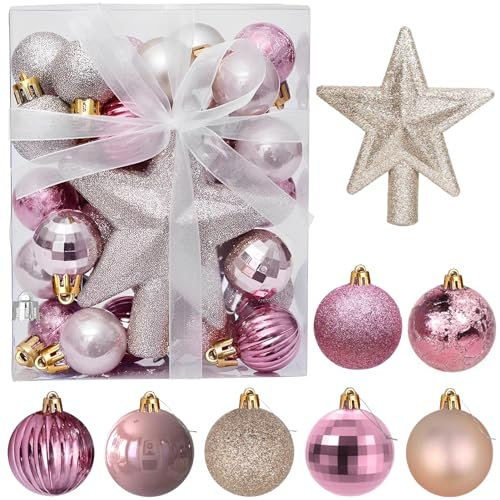 30Pcs Mini Boules de Noël avec Cintre,3CM Petites Boules de Noël Rose Or Boules Mini Sapin de Noël Table-Arbre de Noël kit de décoration