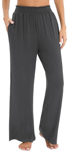Famulily Women's Casual Stretch Pull On Wide Leg Trousers Ladies Elasticated Smocked Waist Lounge Pants with Pockets