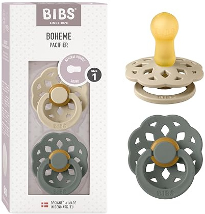BIBS Boheme Soother 2-Pack. BPA Free Dummy Pacifier, Round Nipple. Natural Rubber Latex, Made in Denmark, Size 1 (0-6 Months), Vanilla/Pine
