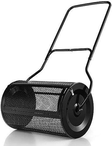 COSTWAY 27” Compost Spreader, 76L Peat Moss Top Dressing Roller with U-shaped Handle & Side Latches, Durable Metal Mesh Basket Push Fertilizer Spreader for Lawn and Garden (Black)