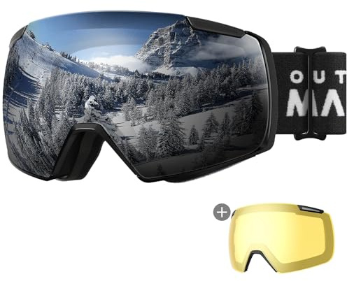 OutdoorMaster Heron Ski Goggles with 2 Lens, Frameless, Magnetic Interchangeable HD Toric Lens, OTG Snowboard Goggles(BlackFrame Silver Vlt 10% + YellowLens)