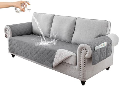 RAPRAP Sofa Cover 3 Seater 100% Waterproof Sofa Protector with Side Pockets for Kids, Pets, Dogs, Durable Non-Slip Three Seater Couch Covers, Washable,Gray,3 Seater