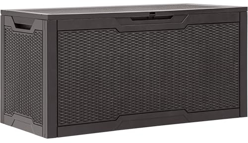 YITAHOME 100-Gallonen-Harz-Deckbox, wetterfest Außenspeicherbox, verschließbarer Innen- und Außenspeicher für Zubehör und Grundbedarf, dunkelbraun