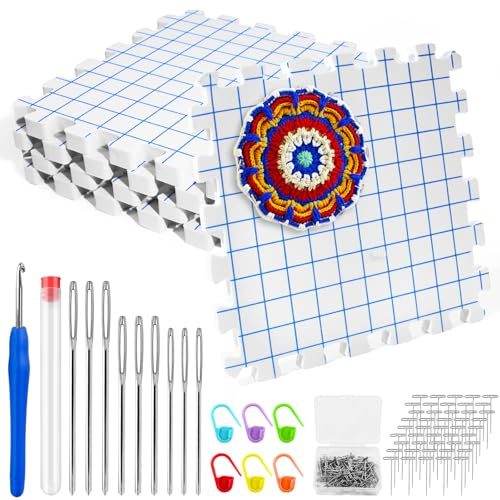 Celepoir 4 Pièces Planche de Blocage Crochet avec Grilles, Tapis de Blocage Tricot avec Accessoire & T-Épingle, Epaisse Planche BTampons d'arrêt d'aiguille pour Crocht Dentelle, Travaux d'aiguille