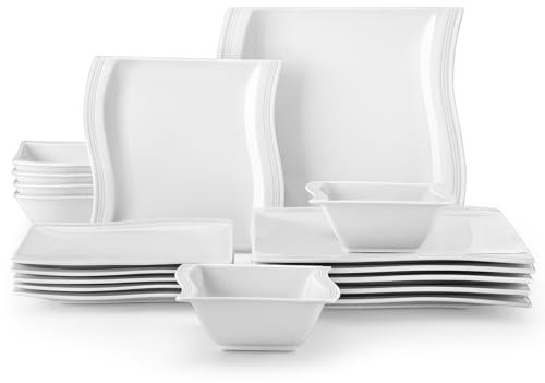 MALACASA Square Plates and Bowls Set, 18-Piece Ivory White Porcelain Dinner Sets for 6 People, Ceramic Crockery Set Modern Dinnerware Set, Microwave Dishwasher Safe, Series Flora