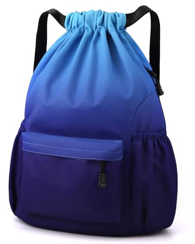 Eucomir Sac à Dos à Cordon, Imperméable Large Bandoulière Sacs de Sport à Cordon Sac de Gym Avec Poche Intérieure Et Poche De Sécurité avec Poche Avant Et Arrière Zippée, Dégradé Bleu