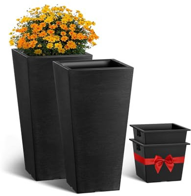 VEVOR Pot de Fleurs, Lot de 2, Grande Jardinière Plantes 570 mm, Design Moderne, Système de Drainage Efficace Intégré, avec Bac Plantation, pour Jardinage de Porche, Patio, Extérieur, Intérieur, Noir