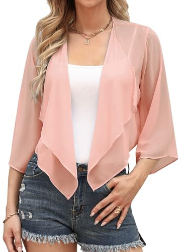 Aottori Bolero Mujer Verano Gasa Chaqueta Manga 3/4 Fiesta Toreras Elegante Corta Shrug Tops Casual Ligero Cuello en V Abrigo Primavera Otoño Rosa Claro 2 S
