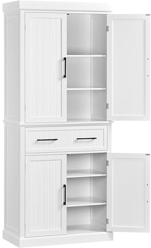 Yaheetech Tall Kitchen Pantry Cupboard, 183.5cm Freestanding Storage Cabinet with Drawer, 4 Doors, 2 Adjustable Shelves for Home Dining Living Room, White