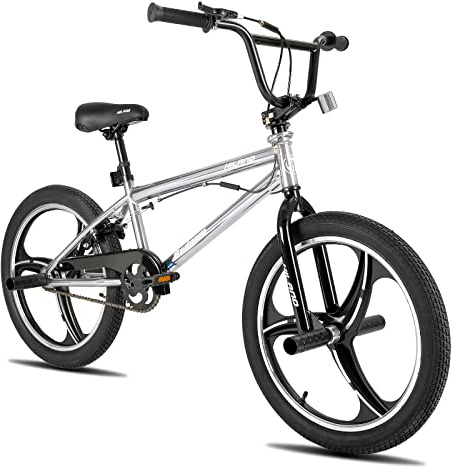 HILAND Vélo BMX 20 Pouces, 3 Rayons, Rotor 360°, Freestyle, 4 pegs, Convient aux Jeunes pour l'entraînement et Les Cascades, Argent