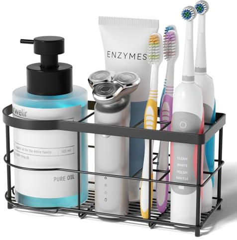 GlaRid Toothbrush Holder for Bathroom, 7 Slots Stainless Steel, Black | Self adhesive wall mounted & countertop organizer for electric toothbrushes. Durable 304 stainless steel. 7 slots, black.