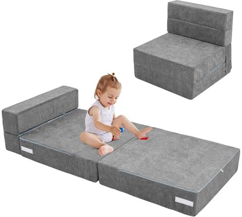 Meulbaty 15CM Extra Dicke Cord Spielsofa Kindersofa,Dreifach Klappbare Matratze,Futon,Leseecke Kinderzimmer,Klappbare Bodenbetten für Kinder（Grau）