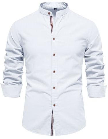 EQWIGKEIT Camisa de manga larga para hombre, corte regular, sin planchado, camisa de manga larga, informal, cuello alto, camisa de ocio, monocolor, camisa de negocios