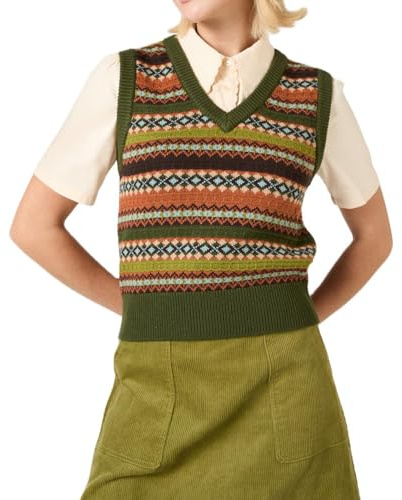 ensswliz Women Ribbed Knit Sweater Vest Cherry Fish Pattern Sleeveless Crew Neck Loose Fit Pullover Tank Tops for Fall Winter (E-Khaki, S)