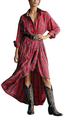 Generisch Robe chemise pour femme style western avec motif à carreaux et ceinture - Robe longue avec ourlet asymétrique haut et bas - Robe maxi décontractée en flanelle pour l'automne, Style_r01 rouge