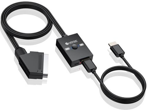 eSynic Convertitore SCART a HDMI 1080P con 1m Cavo SCART Maschio Integrato e 50cm Cavo HDMI Incluso - Adattatore Video Audio Plug & Play per VCR VHS DVD su TV Moderne, Supporta 3D, Switch 4:3/16:9