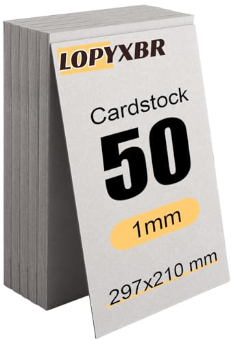 LOPYXBR 50 ark grå kartong A4, bokbindningsskiva 1 mm, pysselkartong DIN A4 21 x 29,7 cm, grå kartong för bokbindning, hantverk, modelltillverkning, kalender, förpackningskort, pysselkartong