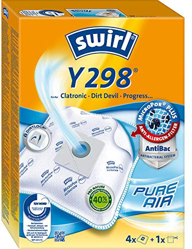 Swirl Y 298 EcoPor Staubsaugerbeutel (4 Beutel), reißfeste Staubbeutel für einige Bomann, Clatronic & Dirt Devil Staubsauger, 99,9 % Filterung von Hausstaub & allergenem Feinstaub