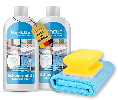 ABACUS® Profi Scheuermilch mit Lotus- & Glanzeffekt, Scheuermittel für Küche & Bad, Sanitärpolitur, Keramikpolitur, Edelstahlpolitur – Scheuermilch Set 2x 500ml mit Schwämmen und Mikrofasertuch (7178)