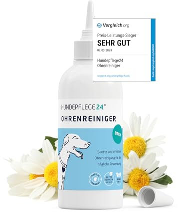 Hundepflege24 Ohrenreiniger Hund - Beruhigt Juckreiz, Kopfschütteln & Gerüche innerhalb weniger Tage - Hundeohr Reiniger - Natürliche Ohrentropfen für Hunde & Katzen mit Kamille & Aloe Vera 250ml
