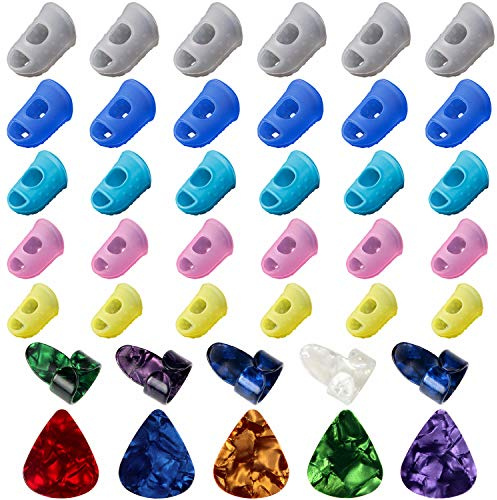 AUGSUN 30Pcs Protège Doigts en Silicone avec Médiators pour Guitare Électrique, Médiators du Pouce et du Doigt, Doigtier Caoutchouc pour Guitare, Ukulélé